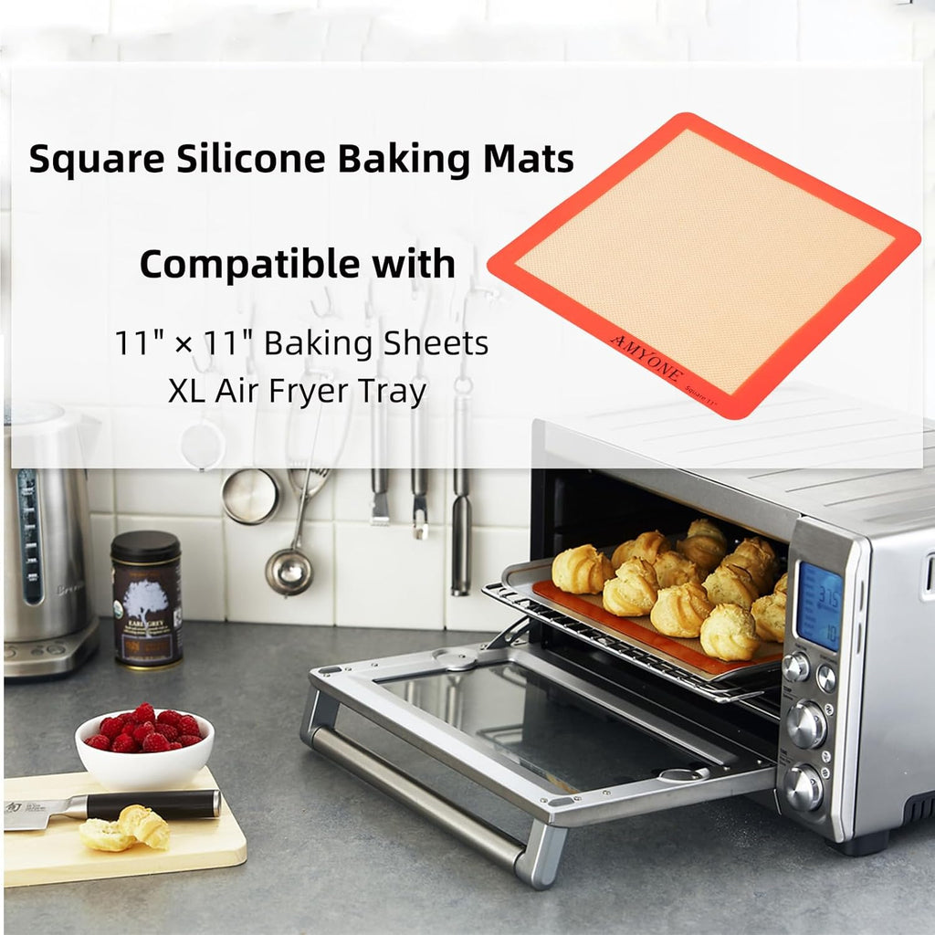 AMYONE Square Silicone Baking Mats for 11 Inch Cake Pan/11x11 Cheesecake Pan/Toaster Oven/XL Air Fryer, Food Grade Silicone Baking Sheet Liners for Cookie/Cake/Pastry/Torte, Non-Stick, Reusable 2 PCS