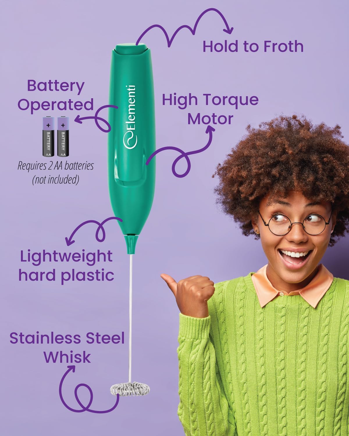 Elementi Powerful Matcha Whisk – Lightweight Matcha Frother Wand & Drink Mixer Handheld, High Speed Mini Whisk for Tea & More, Coffee Mixer Wand, Milk Frother Handheld (Emerald Green)