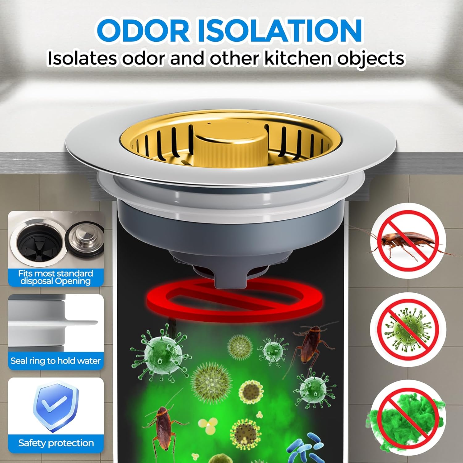 zaa Kitchen Sink Drain Strainer - Kitchen Sink Stopper, 304 Stainless Steel Sink Drain Stopper, Sink Protector for Kitchen with Anti-Clog Filter, Fit US Standard 3-1/2'' Sink Drain Hole, Gold