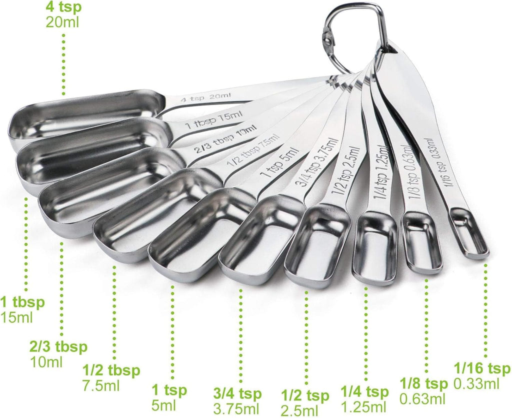 FANGSUN Stainless Steel Narrow Measuring Spoons, Heavy Duty Metal Measuring Spoons with Long Handle and Engraved Measurements Set of 10, For Dry or Liquid, Fits in Spice Jar