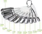 FANGSUN Stainless Steel Narrow Measuring Spoons, Heavy Duty Metal Measuring Spoons with Long Handle and Engraved Measurements Set of 10, For Dry or Liquid, Fits in Spice Jar