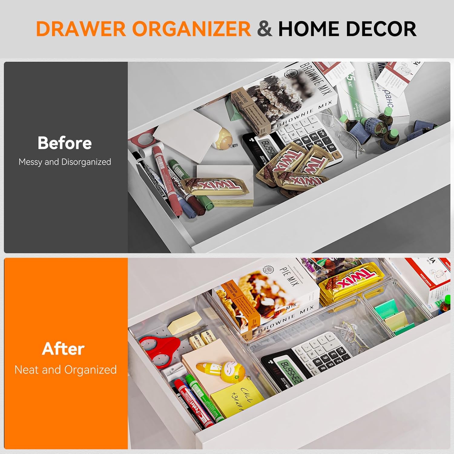 Criusia 8 Pack Drawer Organizer for Kitchen Gadgets, Large Clear Plastic Drawer Divider for Kitchen Accessories, Bathroom Organizers and Storage, Home Essentials for Makeup and Vanity Accessories