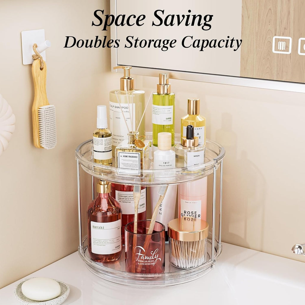 LAMU 10.6in Rotating Makeup Organizer for Vanity, 2 Tier Lazy Susan Turntable Stackable Spinning Skincare Organizer Cosmetic Perfume Tray for Bathroom Counter, Large Capacity, Clear