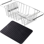 Stainless Steel Dish Drying Rack(15"L x 8.3"W x 4.2"D), Expandable Fruit & Vegetable Drain Rack over Sink, Dish Drainer Rack in Sink, with Stainless Steel Utensil Holder & 16" Silicone Mat