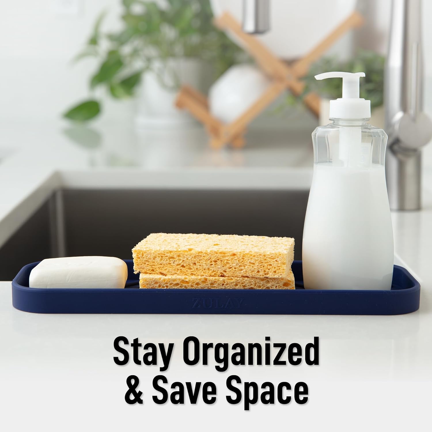 Zulay Kitchen Large Silicone Sponge Holder (12x4) – Flexible Sink Organizer Tray for Kitchen & Bathroom – Multipurpose Soap Dish for Sponges, Makeup, Trinkets & More (Dark Blue)