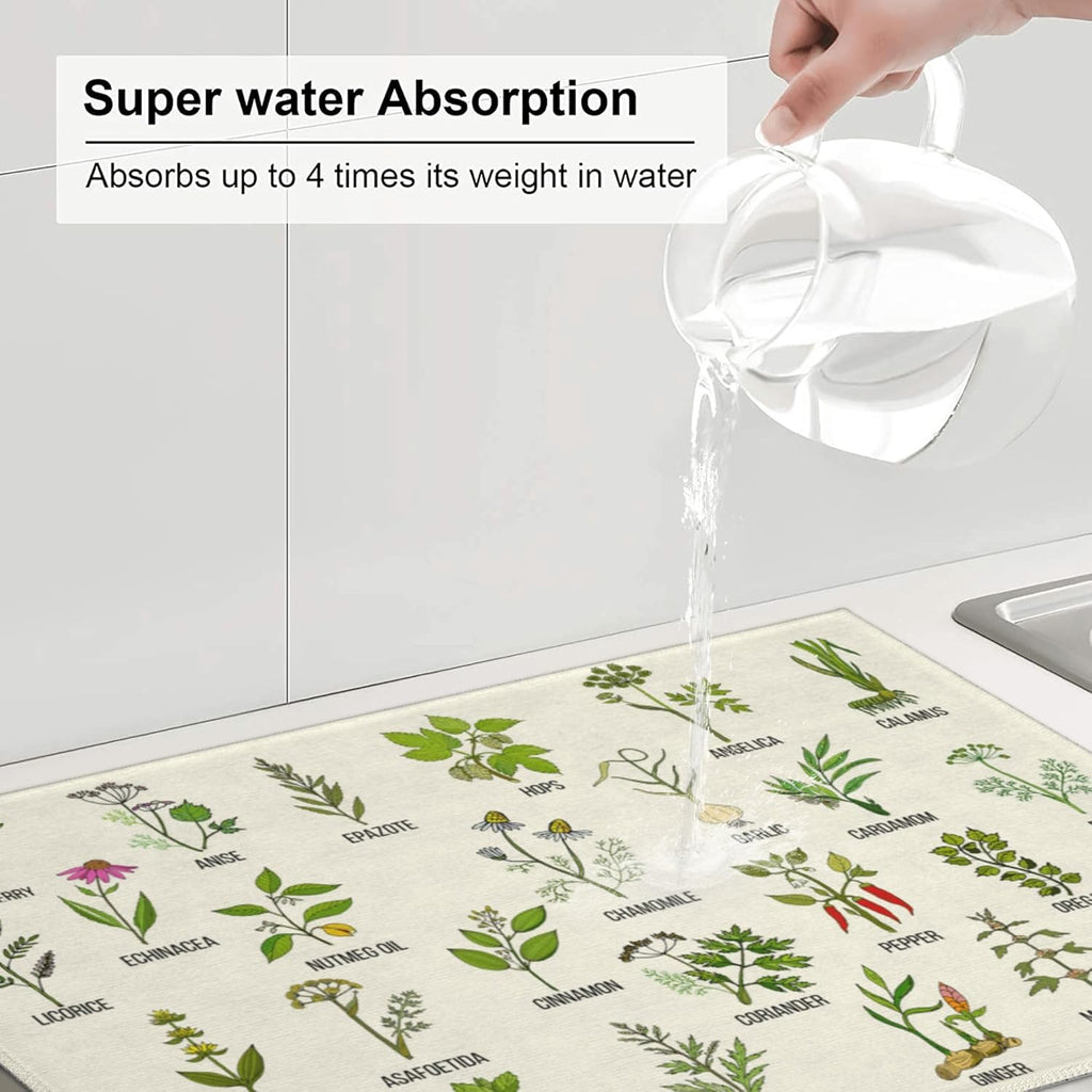 Cute Herbs Botanic Garden Plants Dish Drying Mat for Kitchen Counter Modern Drying Pad 18x24 Inch Absorbent Reversible Dish Drainer Rack Mats
