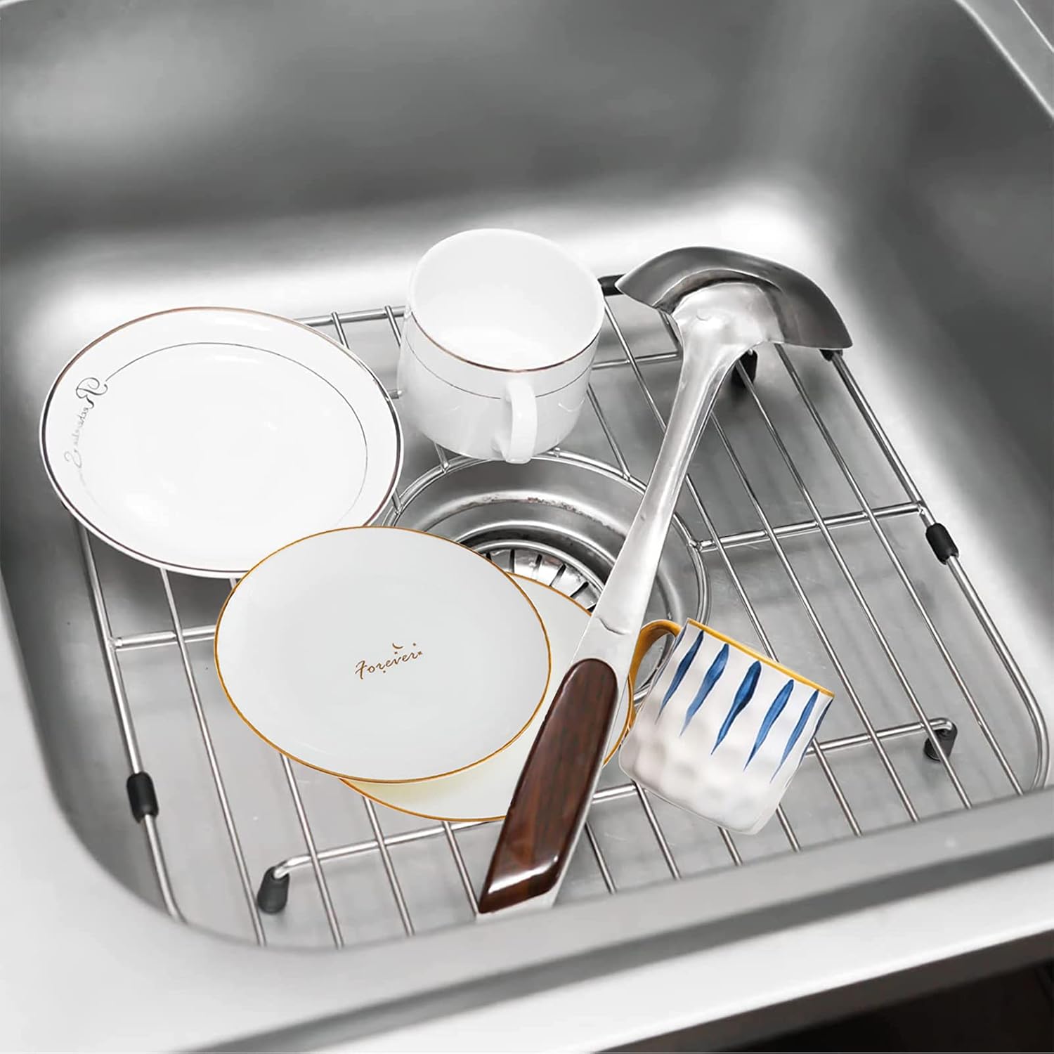 Orgneas Sink Protectors for Kitchen Sinks, Double Bowl Sink Bottom Grid 13"x16" and 11.2"x14.5", 304 Premium Stainless Steel Kitchen Sinks Grate Rack Grid, Centered Drain, 2 Pcs