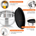 TeamFar Mixing Bowls with Airtight Lids, 5PCS Stainless Steel Metal Salad Bowl with 3 Grater Attachments, for Cooking, Prepping, Serving, Healthy & Easy Clean - 0.7/1/1.5/2.6/4.6QT, Black