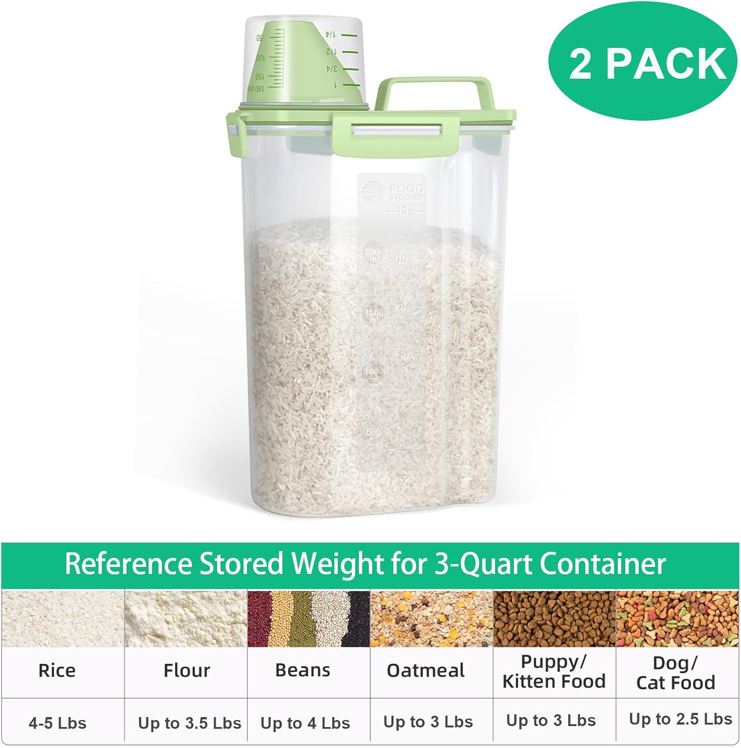 TBMax Rice Container Cereal Storage Container 2 Pack 5 Lbs, Plastic Kitchen Pantry Food Storage Container with Cup, Small Pet Dog Cat Food Dispenser -Green
