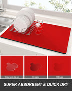 Rnivvi Dish Drying Mat for Kitchen Counter, XL 15 x 24" Super Absorbent Drainer Pad Easy Clean Dish Rack Pad, Non-Slip Heat Resistant Coffee Bar Mats for Coffee Machine Station Accessories Decor, Red