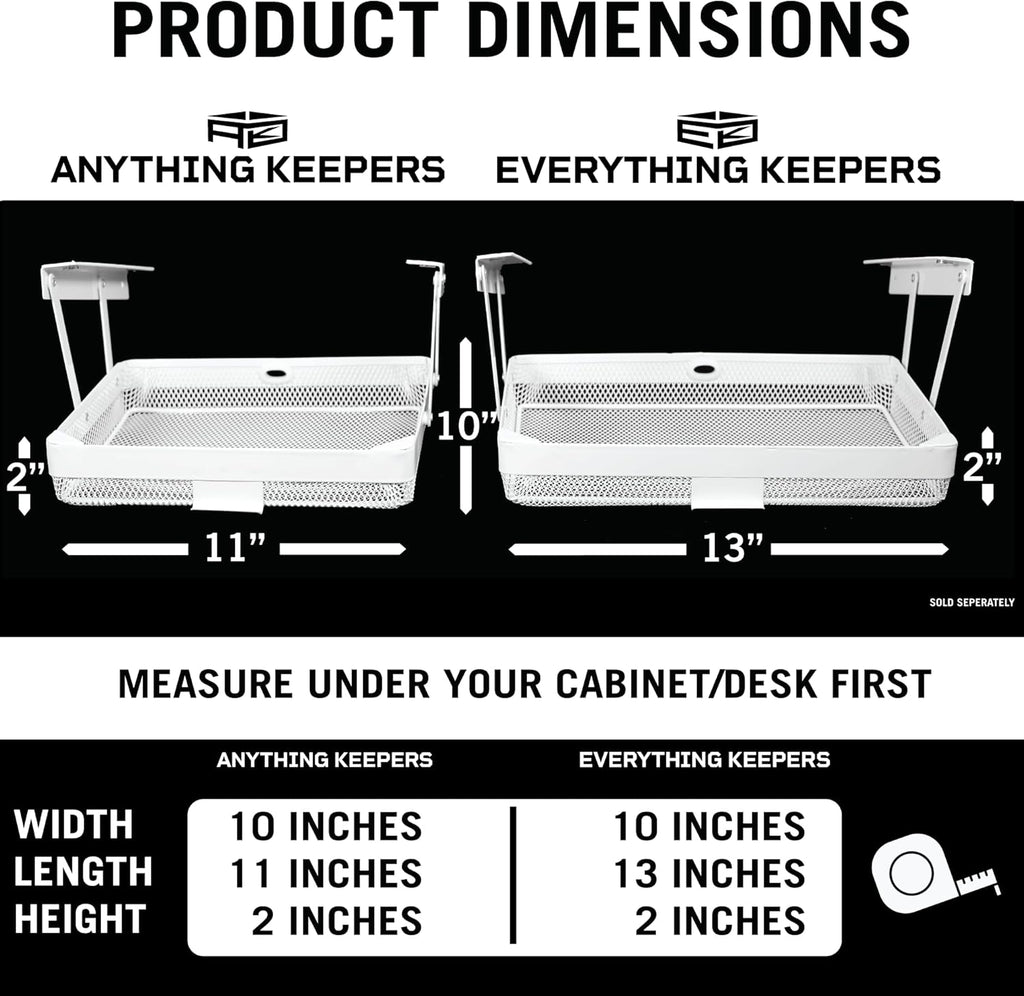 Anything Keeper - Organizer for Home, Kitchen, Bathroom, RV, Small Spaces - Storage Organizers - Compact Metal Basket - Under Cabinet Holder - Easy Install - Holds Strong - 11 x 10 x 2in - White