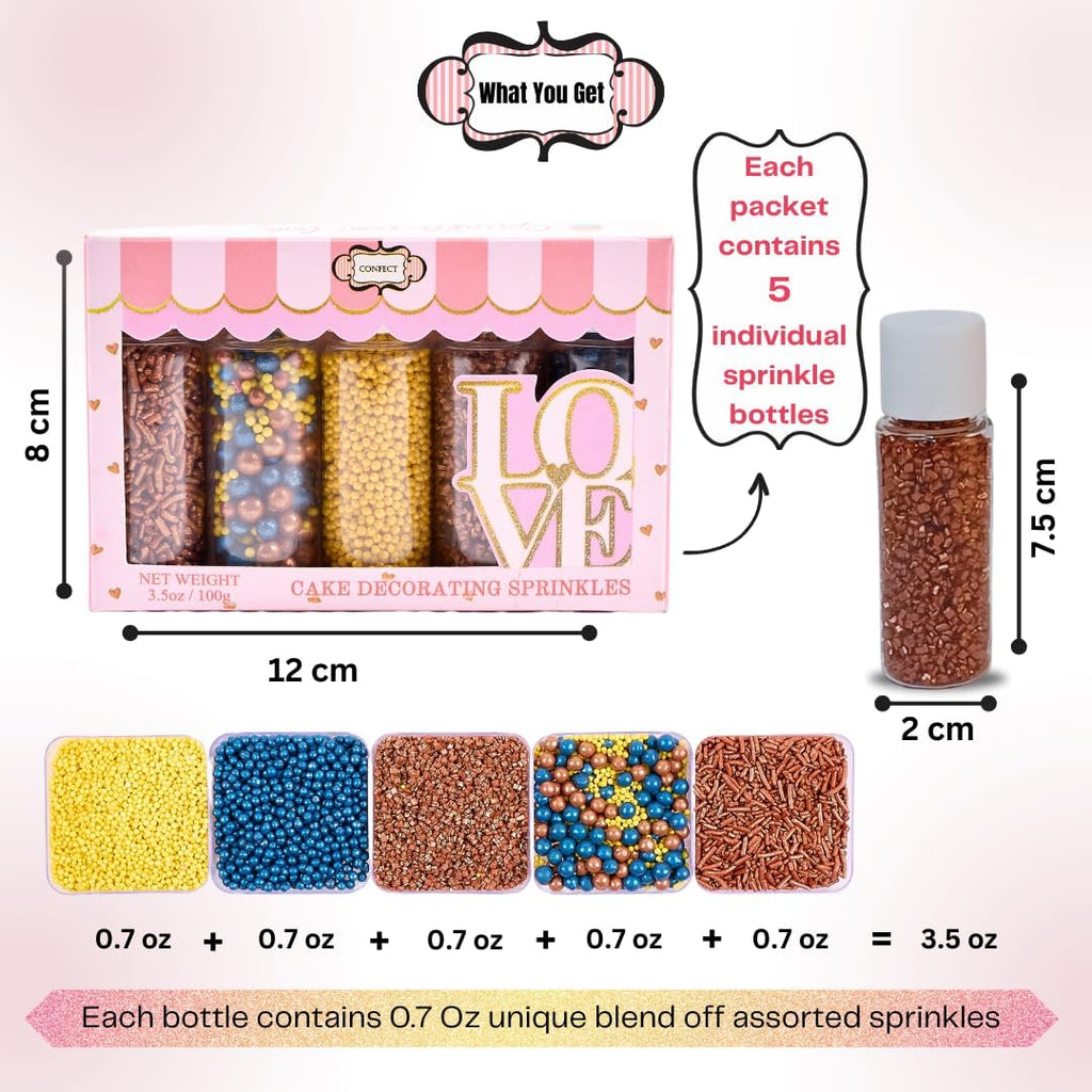 Sprinkles - Confect Sprinkles for Cakes & Cupcakes Decoration Assorted pack of 5 ?Graduation Day Mix Yellow, Copper & Navy Blue Pearl Dragees Copper Jimmies Bronze Sparkling Sugar | Vegan, Gluten-Free, Nut-Free, Soy-Free, Dairy-Free, Palm Oil-Free- 5 Oz