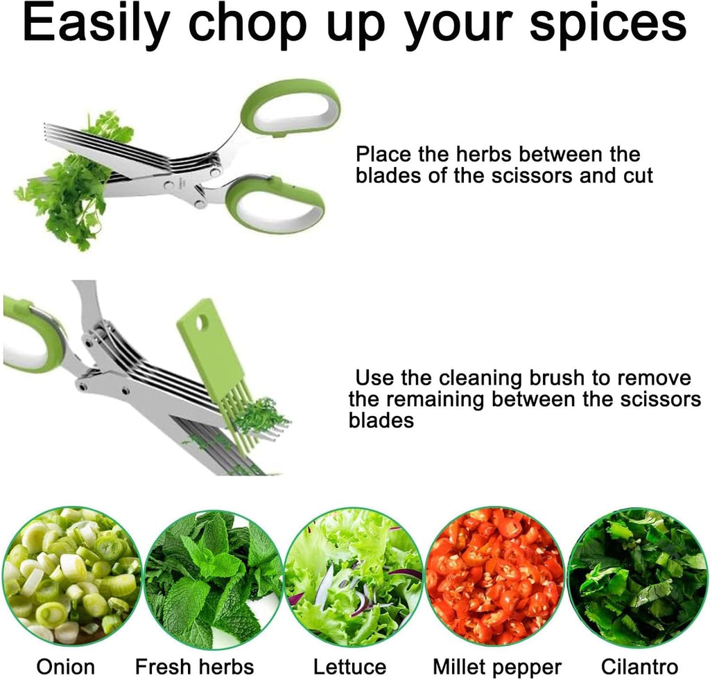 Garlic Press and Herb Scissors Set, 6 Pieces with Garlic mincer and Multipurpose Scissors, Rustproof Tools for Kitchen Use (Silver) (Silver+Green)