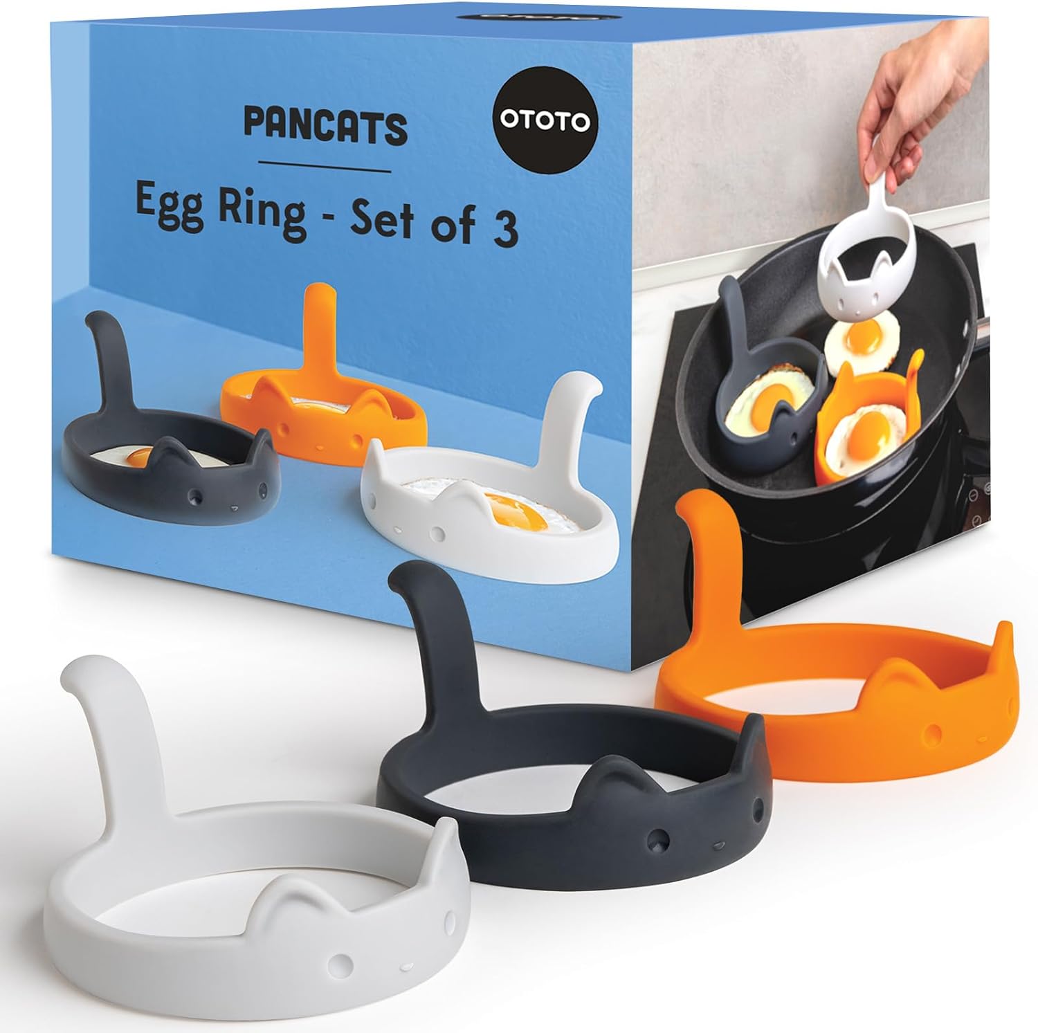 OTOTO PanCats Egg Ring Set of 3 - Silicone Egg Rings for Frying Eggs, Non Stick Fried Egg Cooker Ring, Cat Gifts for Cat Lovers, Cute Funny Kitchen Accessories Gadgets (Multicolor)