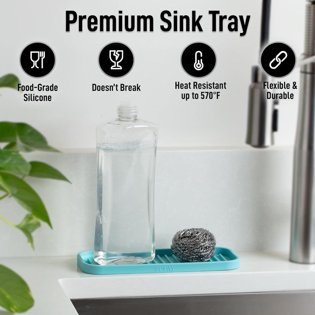 Zulay Kitchen (9x3.5) Silicone Sponge Holder for Kitchen Sink - Flexible Multipurpose Soap Tray Sponge Holder - Sink Organizer Tray for, Bathroom, Makeup, Trinkets & More (Aqua Sky)
