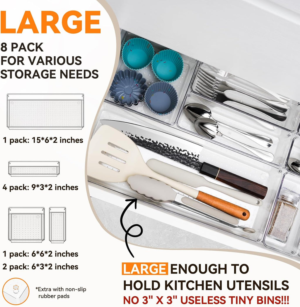 Criusia Utensil Drawer Organizer for Kitchen, 8 Pack Silverware Organizer Utensil Holder, Clear Plastic Drawer Dividers for Flatware, Cutlery, Kitchen Gadgets Accessories, Organizador de Cocina