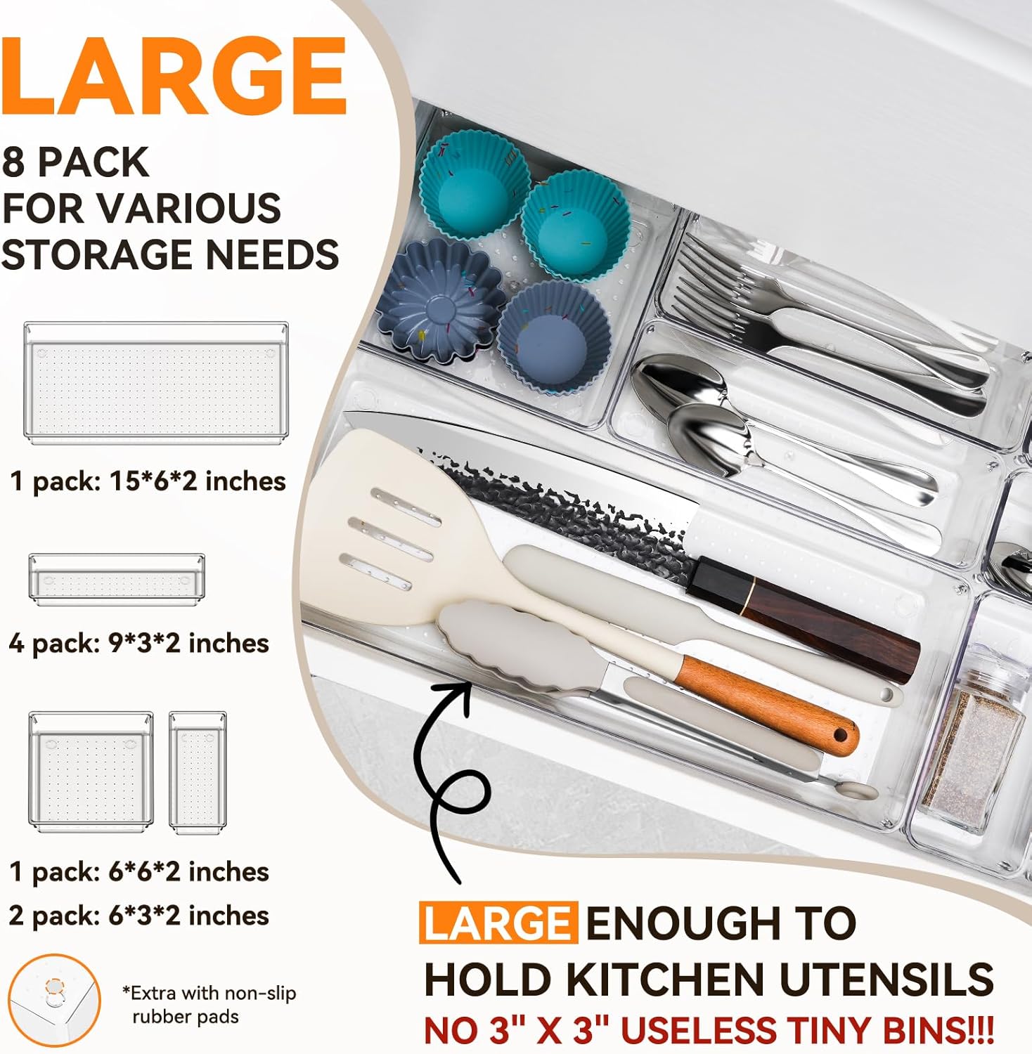 Criusia Utensil Drawer Organizer for Kitchen, 8 Pack Silverware Organizer Utensil Holder, Clear Plastic Drawer Dividers for Flatware, Cutlery, Kitchen Gadgets Accessories, Organizador de Cocina