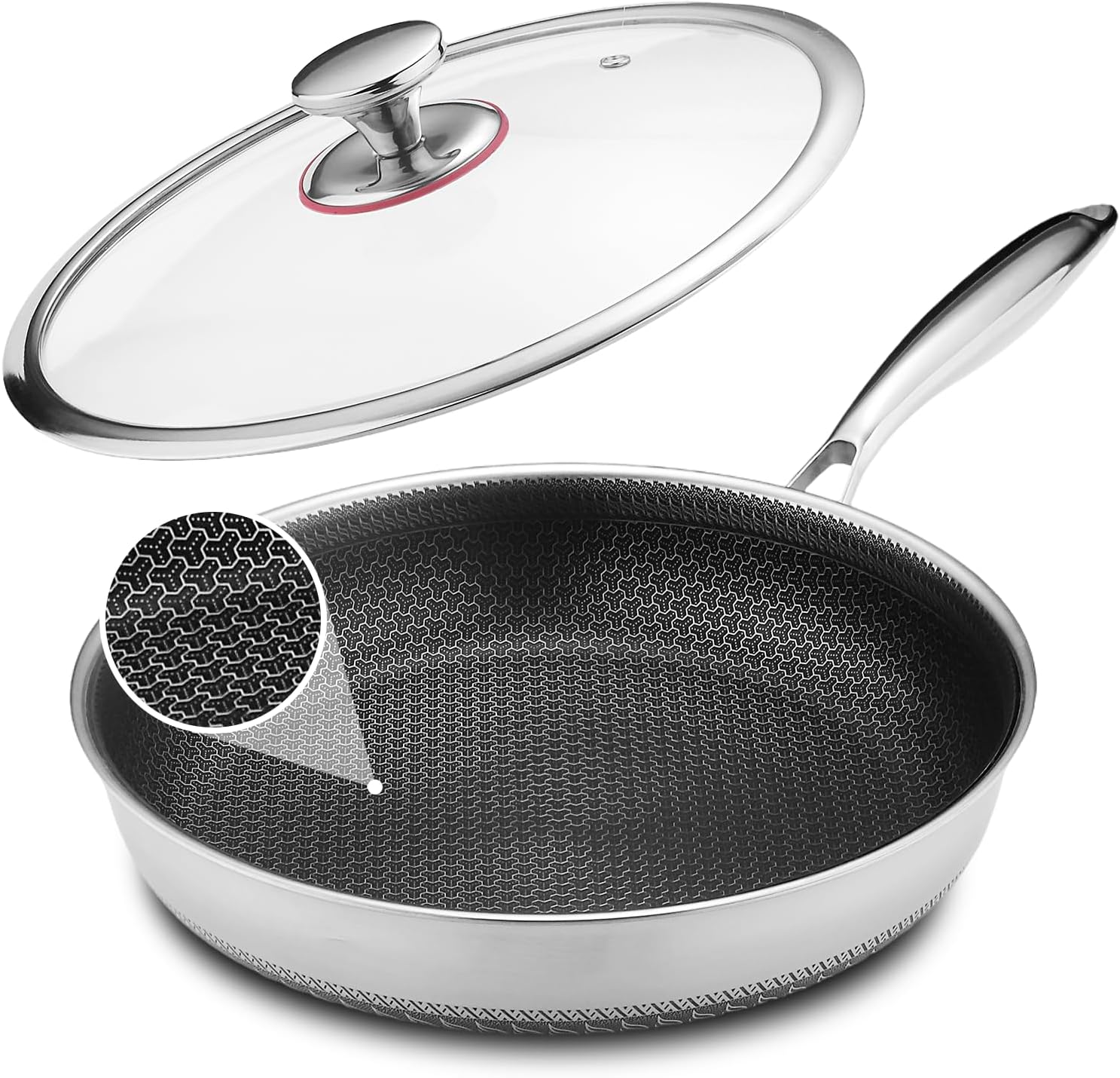 Lazycorner Non Stick Frying Pans Skillet with Lid, 12 Inch Stainless Steel Kitchen Cookware Pots, Non toxic Healthy Induction Compatible PFAS PTFE PFOA PFOS Free