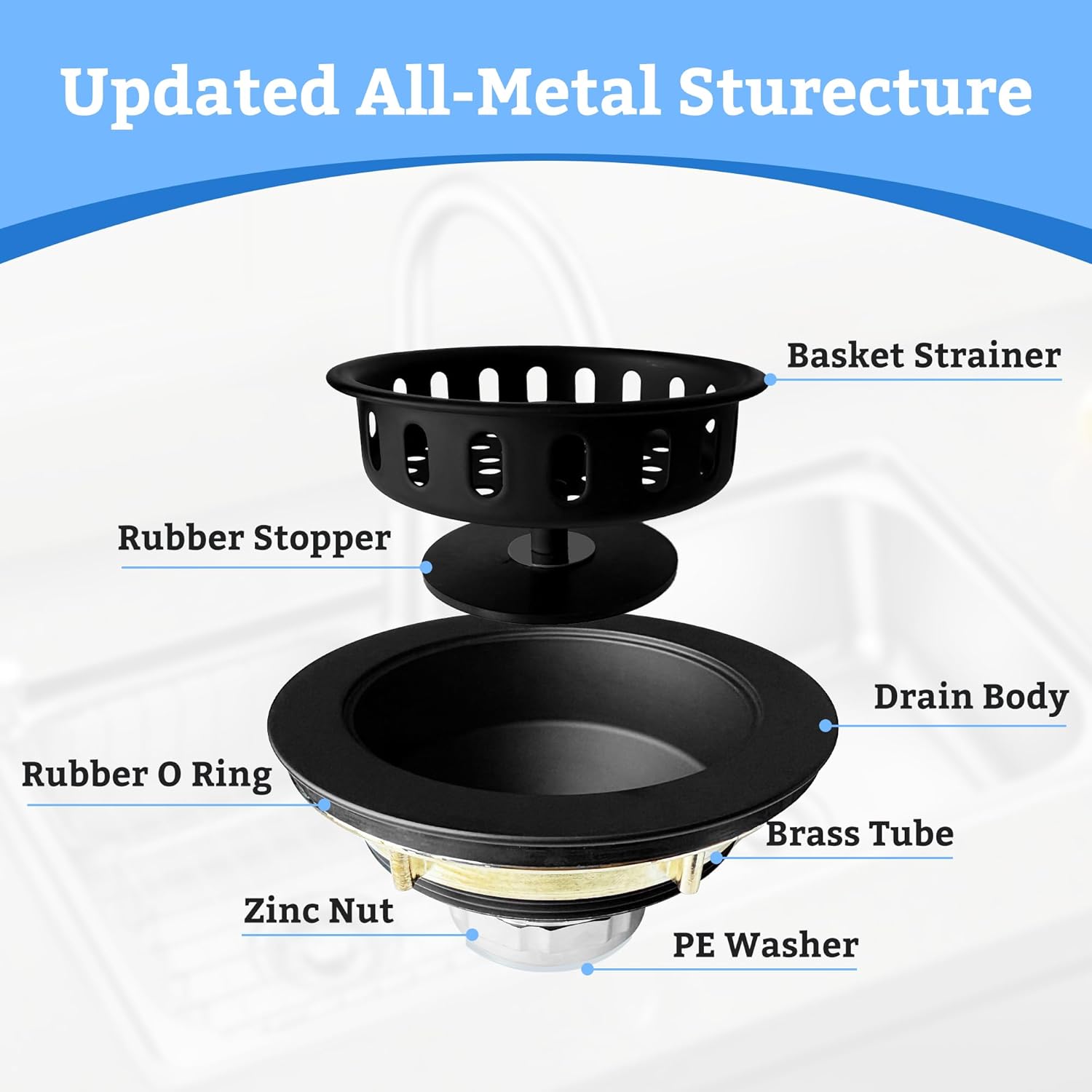 Metal World BS10101MB Post Style Sink Strainer, 3-1/2" Metal Kitchen Strainer, Cast Brass Body Basket Strainer, Strainer with Stainless Steel Basket, Matte Black Finish 1 Pack