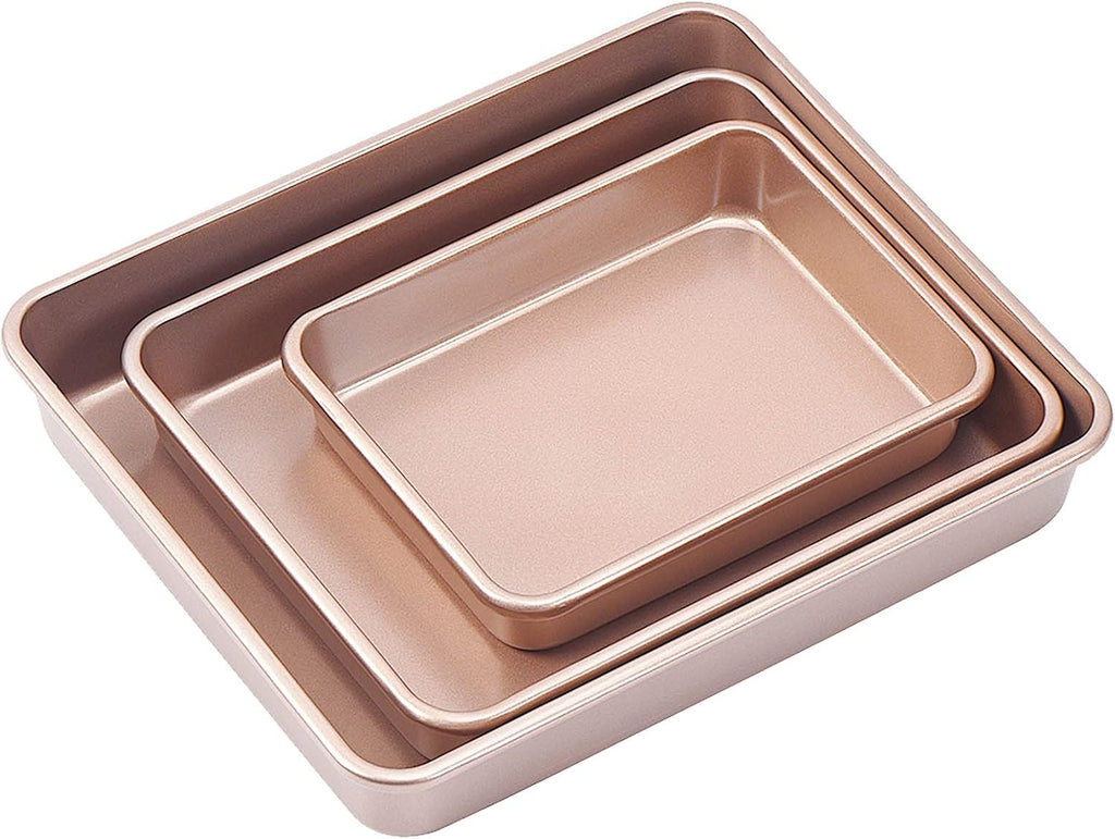 3-Pack Roasting Pan Set, Nonstick Baking Tray, Rectangular Bakeware for Oven, Non-Toxic Coating and Durable Quality (Champagne Gold)