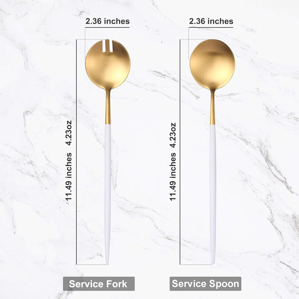 White Gold Salad Serving Utensils,Serving Spoons Stainless Steel,2Pcs Long Handle Salad Servers 11.42 Inch,Salad Utensils for Serving,Matte Finish,Dishwasher Safe