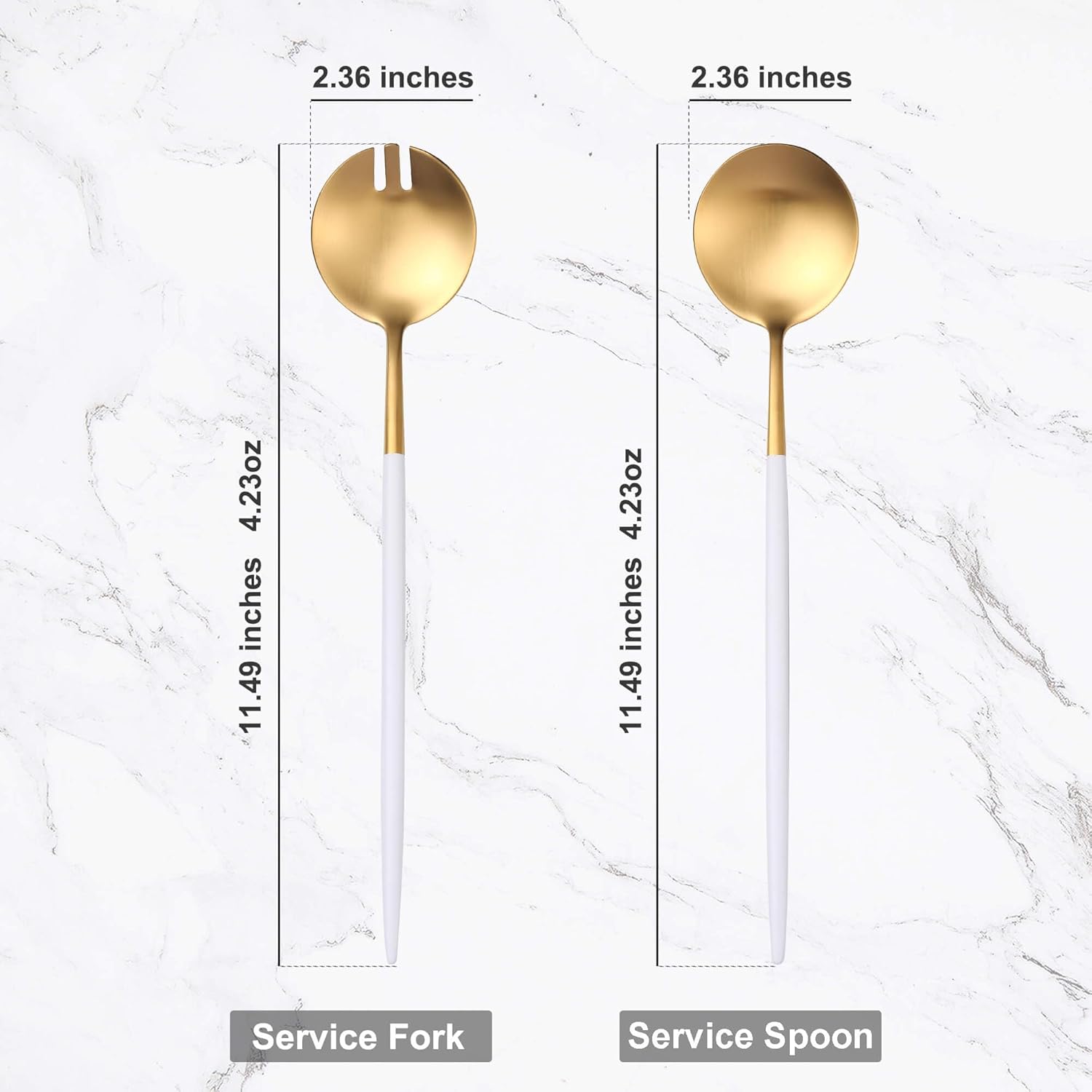 White Gold Salad Serving Utensils,Serving Spoons Stainless Steel,2Pcs Long Handle Salad Servers 11.42 Inch,Salad Utensils for Serving,Matte Finish,Dishwasher Safe