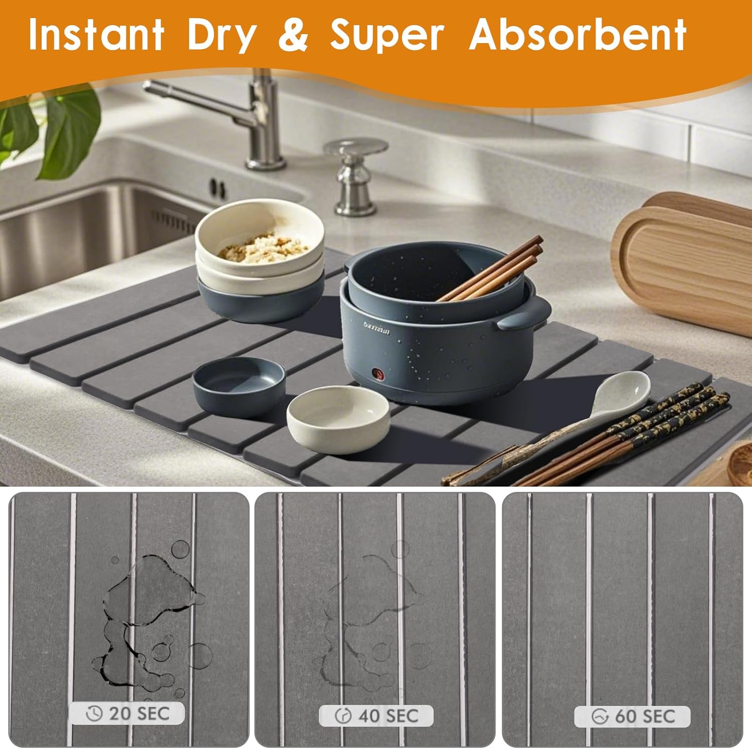 Drying Mat Stone Kitchen Counter, Foldable Stone Drying Stone for Kitchen Counter, Quick-Drying Stone Mat Dishes, Size 23.6"(L)×15.4"(W)