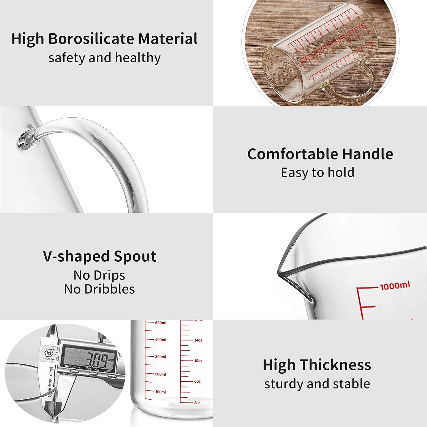 Luvan 34OZ/1000ML Glass Measuring Cup, 4 Cup Glass Measuring Cups With 3 Scales (Ml/Oz/Cup), High Borosilicate Measuring Cup With Handle and V-Shaped Spout, Dishwasher/Freezer/Microwave Safe