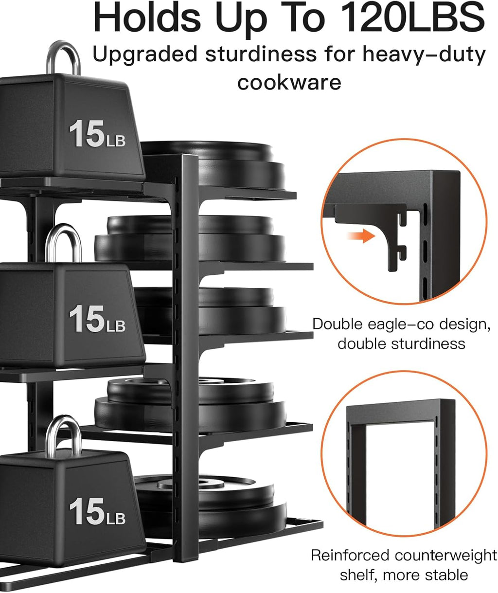 ORDORA Pots and Pans Organizer Rack for Cabinet, 15.83" Height 8-Tier Heavy Duty 120LBS Pot Pan Organizer under Cabinet Adjustable for Dutch Oven, Cast-iron Pan, Heavy Skillets Griddles, Shallow Pot