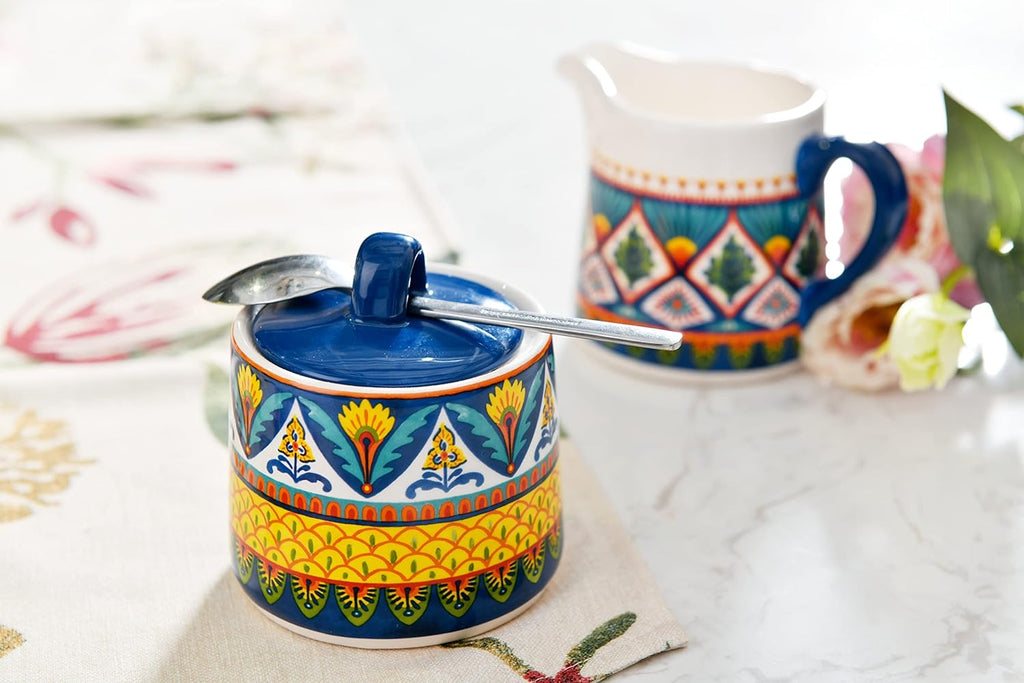 Bico Havana Ceramic Sugar and Creamer Set, Sugar Bowl with Lid, Cute Container for Coffee Bar, Kitchen Countertop Accessories, Microwave and Dishwasher Safe