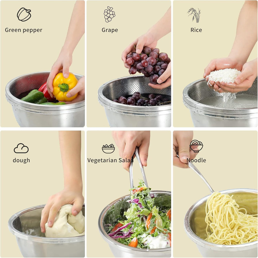 304 Stainless Steel Microporous Colander, 4.5QT Large Capacity with Mixing Bowl For washing vegetables, fruit and rice and for draining cooked pasta(2PC)