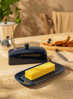 Sweese Butter Dish with Lid, Porcelain Butter Keeper, 7.8 Inch Butter Holder with Handle Cover, Butter Container Perfect for East West Coast Butter, Navy