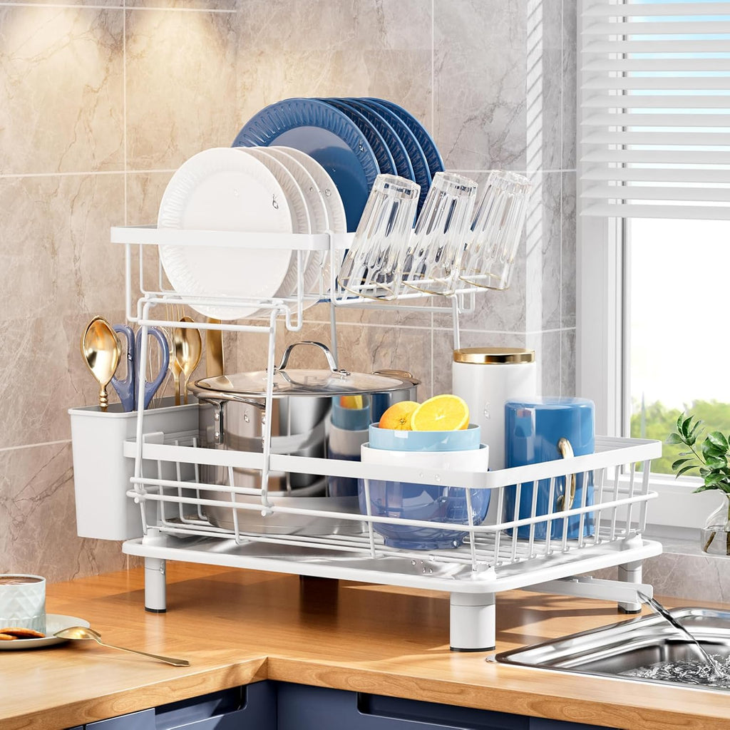 2 Tiers Dish Drying Rack, Space-Saving Dish Racks for Kitchen Counter, Dish Drainer Drying Rack with Drainboard, Utensil Holder Cups Holder and Adjustable Swivel Spout, White