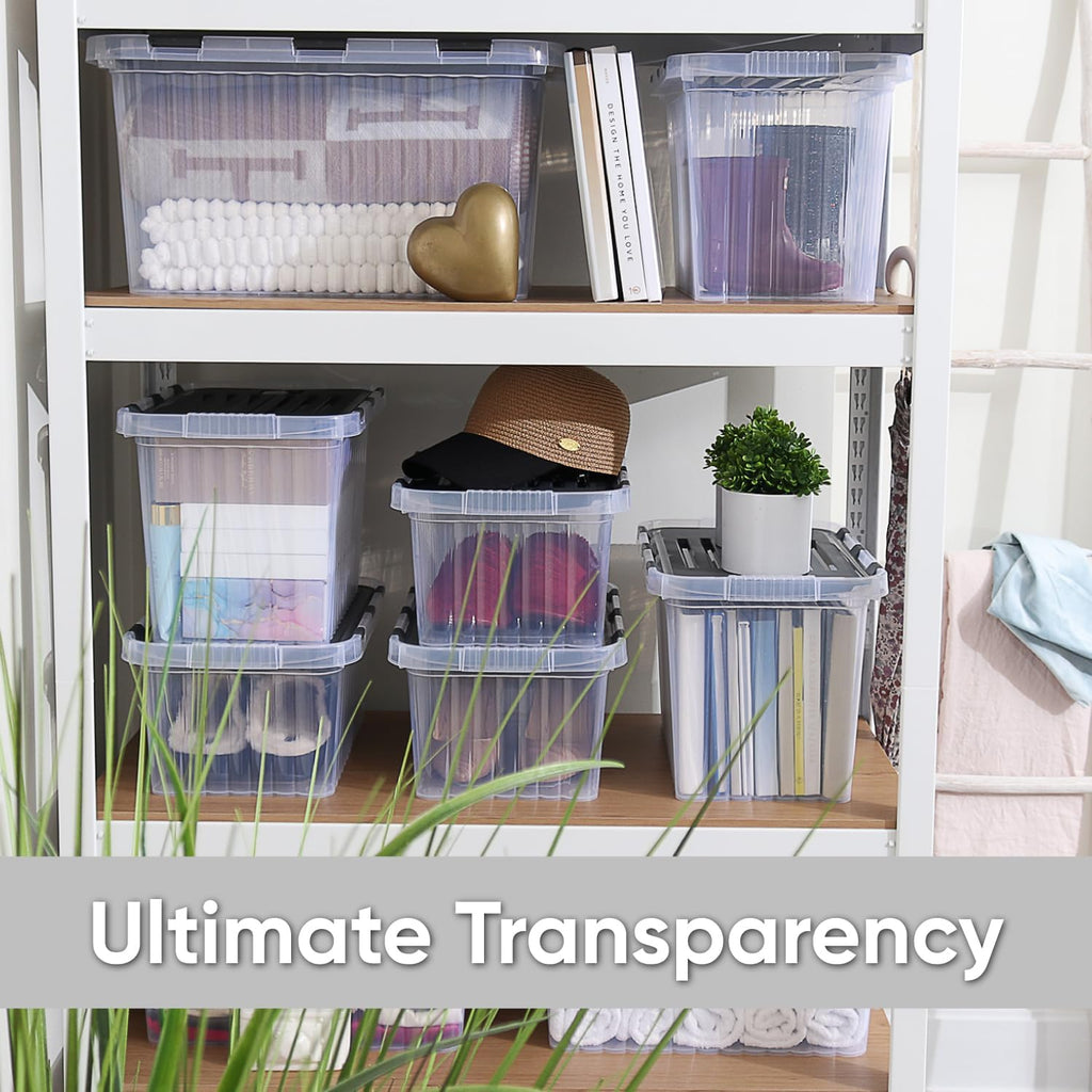 Superio Clear Storage Boxes with Attached Lids, Plastic Container Bins with Hinged Lids for Organizing, Stackable Crates, BPA Free, Non Toxic Organizers (4 Pack, 17"x11.65"x8.75")