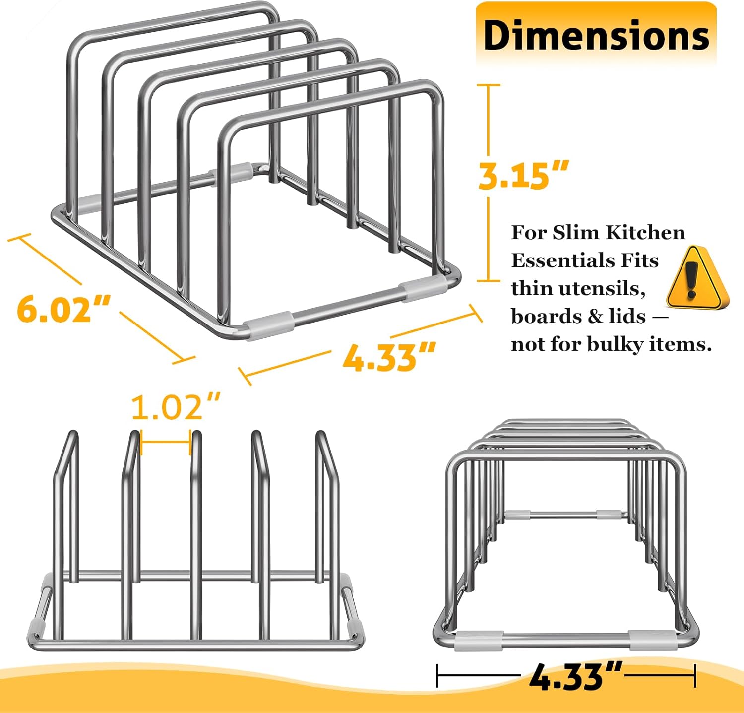 Cutting Board Organizer Stand Holder - 304 Stainless Steel Chopping Board Rack, Pot Pan Lid Holder, Kitchen Shelf for Bakeware, Cookie Sheets, 4-Slot 1.02-Inch Width Design