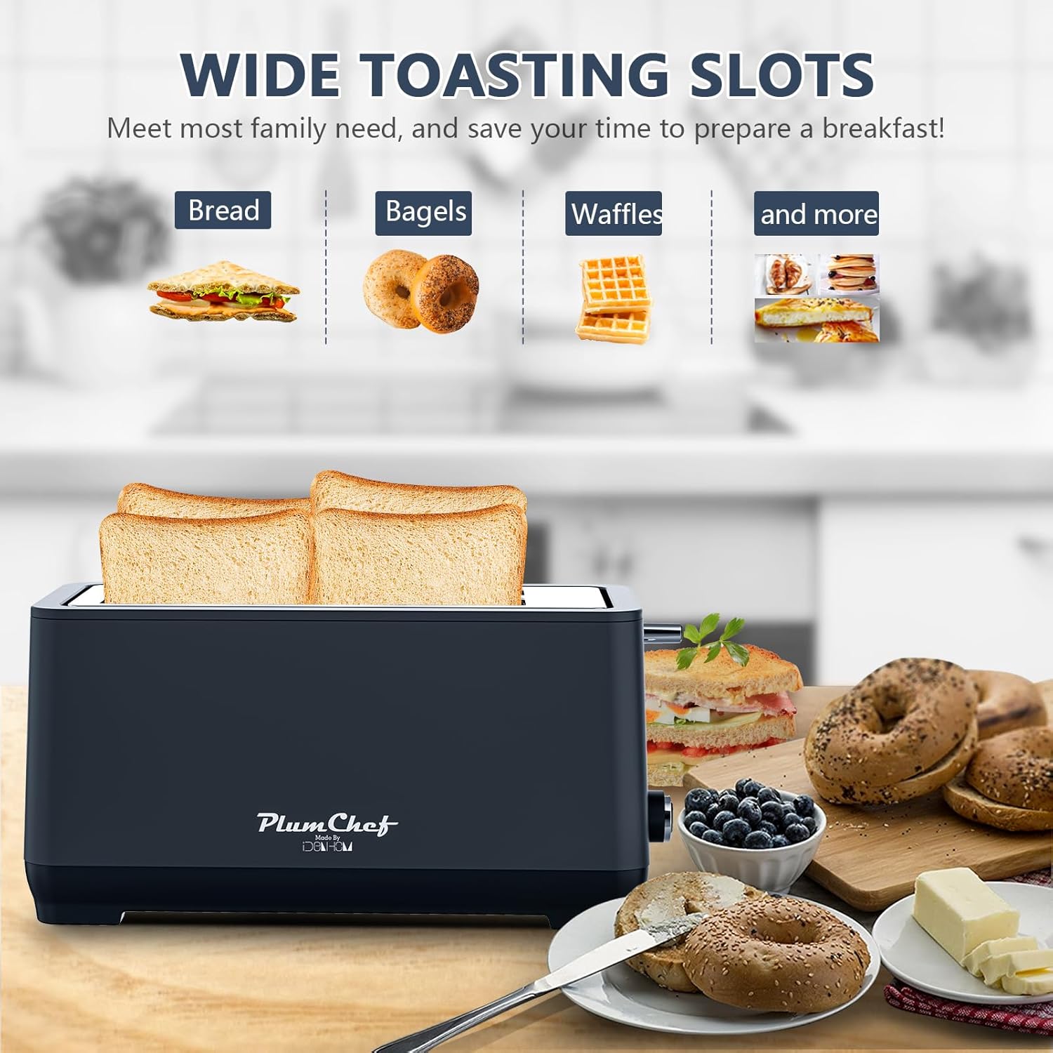 4-Slice Toaster, Extra Wide Long Slot Toaster with Warming Rack, 6 Browning Settings, Bagel/Defrost/Reheat Functions, Removable Crumb Tray, Stainless Steel Housing 1350W (1, Matte Blue)
