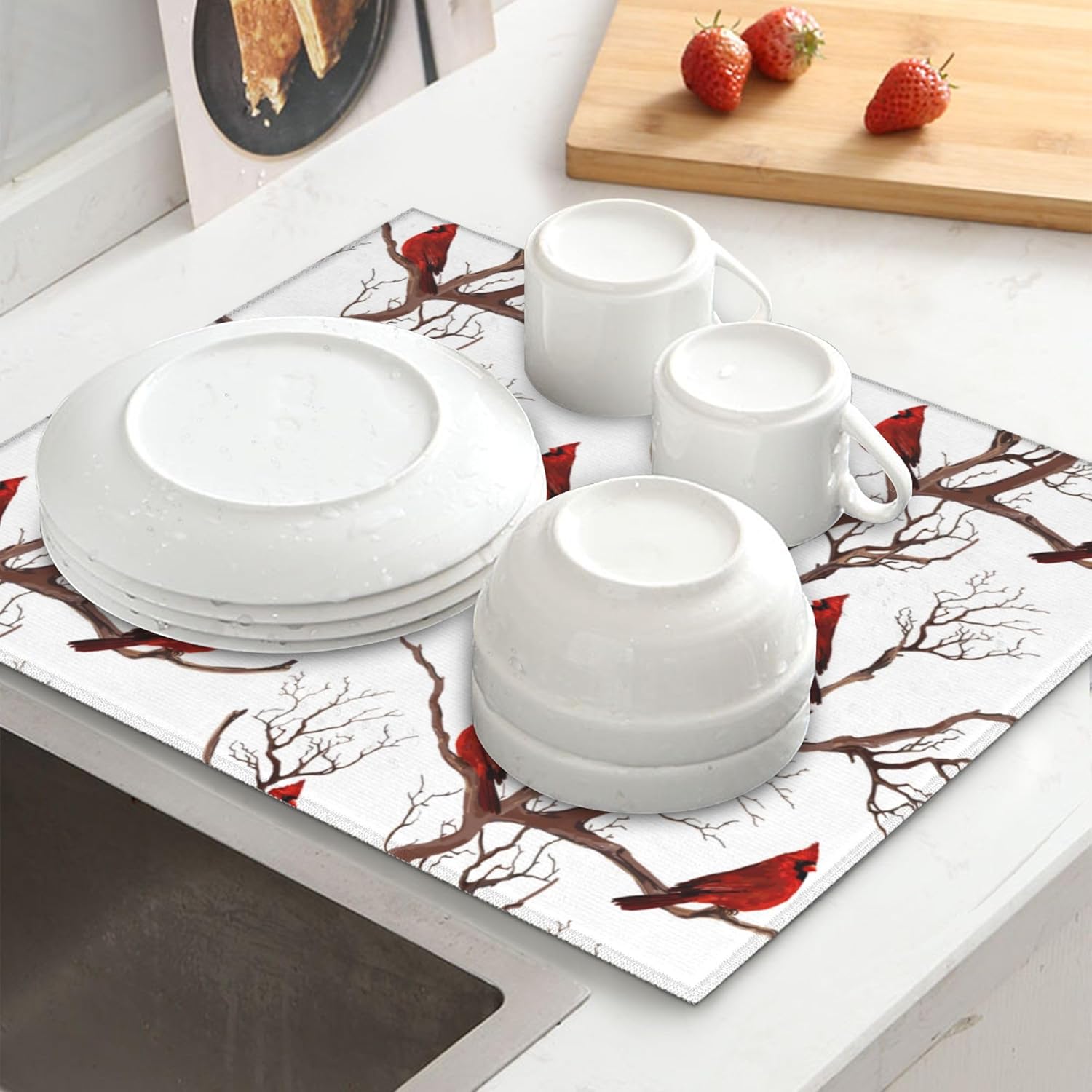 Winter Cardinal Birds Dish Drying Mat for Kitchen Counter Washable Absorbent Drying Mat Reversible Microfiber Drying Pad Home Holiday Decor Kitchen Accessories 16"x18"