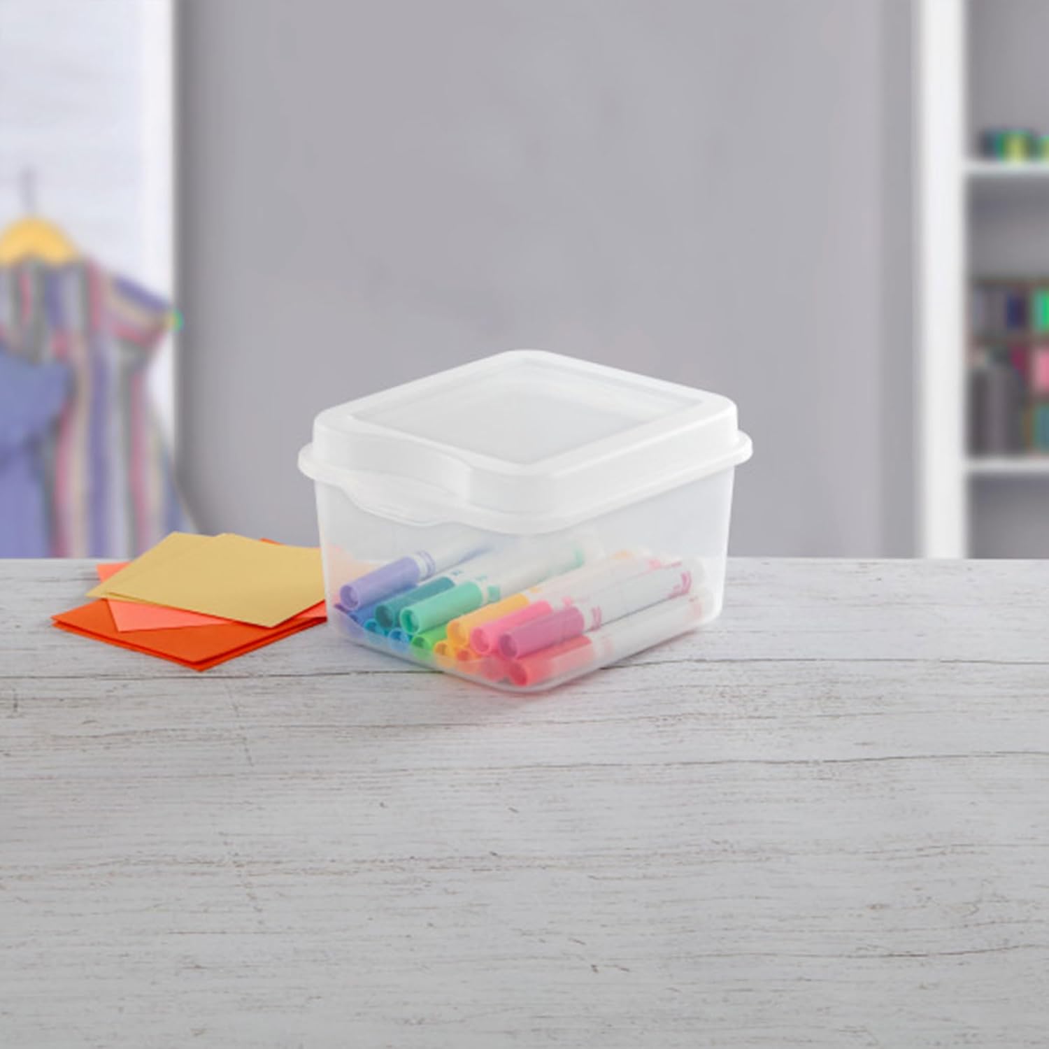 Sterilite FlipTop, Stackable Small Storage Bin with Hinging Lid, Plastic Container to Organize Desk at Home, Office, Clear, 24-Pack