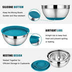 P&P CHEF Mixing Bowl with Lid Set, 5 Piece Stainless Steel Mixing Nesting Bowls for Salad Storage, 3 Grater Attachments & Non-Slip Bottoms, Size 1/1.5/2 / 2.6/4.6 QT, Blue