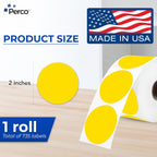 Perco Yellow 2-Inch Perforated Circle Dot Thermal Sticker Labels — 735 Stickers/Roll, Direct Thermal Printer Compatible—with Permanent Adhesive for Organizing, Color Coding, Bin Labeling—Made in USA