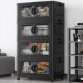 480Qt Lockable Stackable Storage Bins with Lids, Closet Organizers and Storage Drawer, Collapsible Storage Bin with Wheels, Plastic Cabinet for Toy Clothes Dorm Organizer, V9 4 Pack Black
