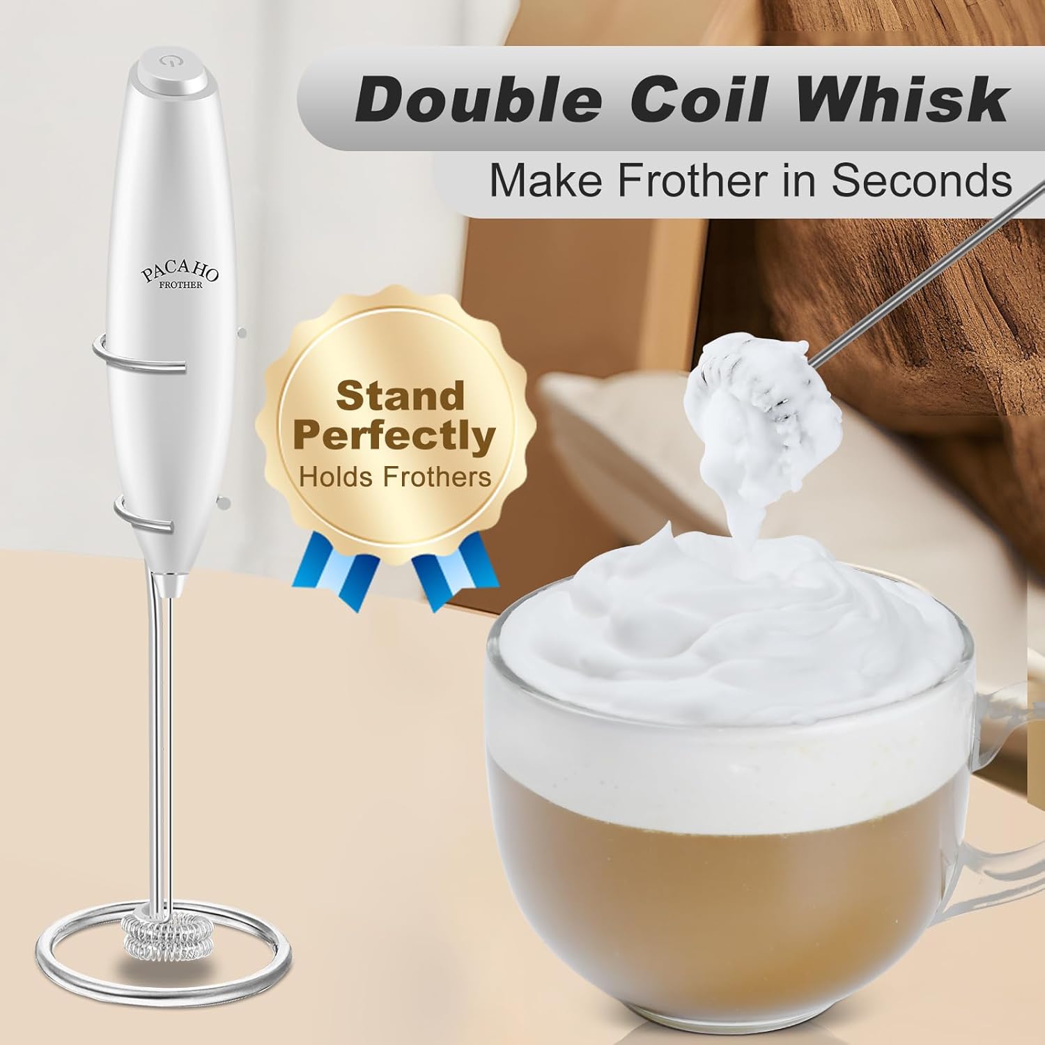 Powerful Milk Frother with Stand with Double Whisk, Handheld Electric Foam Maker, Hand Mixer Wand, Portable Mini Blender Foamer Stirrer for Coffee Creamer, Latte, Matcha,Hot Chocolate, Silver