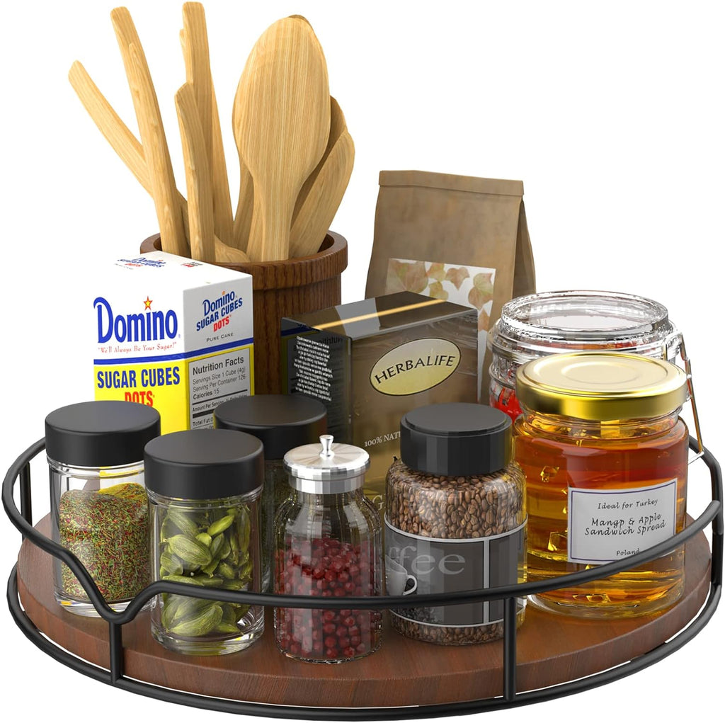 Lazy Susan Turntable Organizer with Anti-slip Mat for Cabinet Pantry Kitchen Countertop Refrigerator Office, Pine Wood, 10", Brown