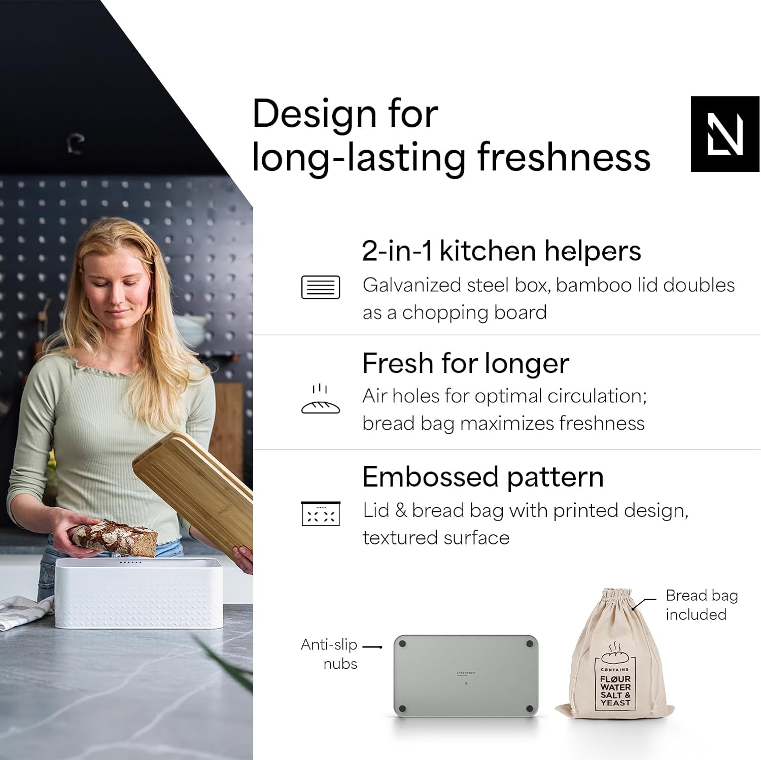 LARS NYSØM Bread Box I Metal Box with linen bag for long lasting freshness I Bread Bin with bamboo lid usable as cutting board I 13.4x7.3x5.3In (Ash Gray)