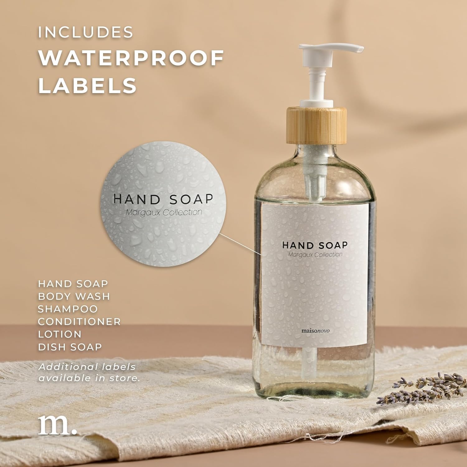 MaisoNovo Glass Hand Soap Dispenser | Dish Soap Dispenser for Kitchen | 16.9oz Clear Bottles with White Bamboo Pump | Bathroom Lotion Dispenser