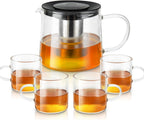 Glass Teapot 34oz/1000ml with 4 Pack Tea Cups Gift Set, Removable Stainless Steel Infuser, Heatproof Borosilicate Glass, Stovetop Safe for Loose and Blooming Leaf Tea