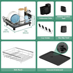 MOUKABAL Dish Drying Rack - Stainless Steel Dish Rack, Dish Racks for Kitchen Counter, Drying Rack Kitchen with Removable Utensil Holder, Drainboard and Glass Organizer (Black)