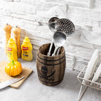 MyGift Rustic Burnt Wood Pirates Rum Cask Style Kitchen Utensil Crock, Vintage French Wine Barrel Cooking Tools Holder with Skull and Cutlass Sword Design