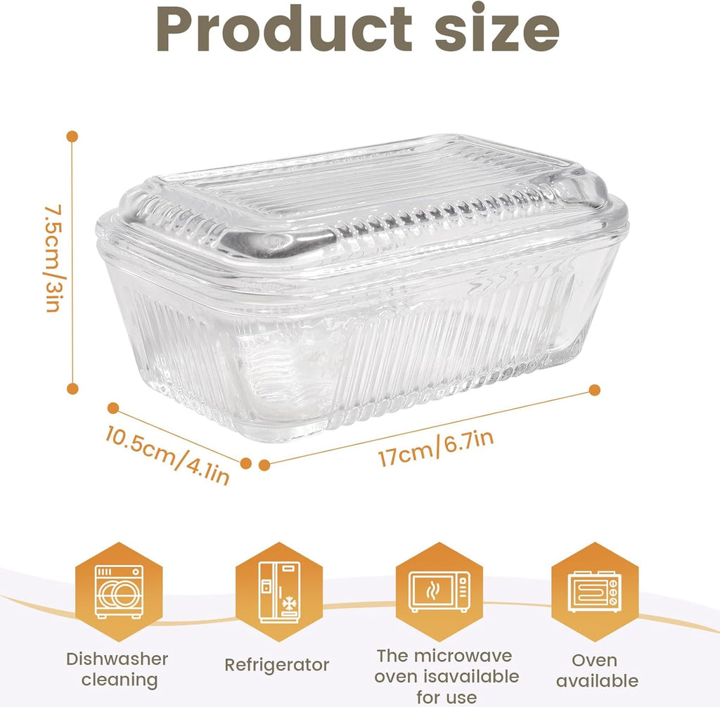 Wide Glass Butter Dish with Two Stick Butter for Countertop,Crystal Butter Container with Cover for Counter,Butter Tray Holder for Refrigerator,Large Glass Butter Keeper