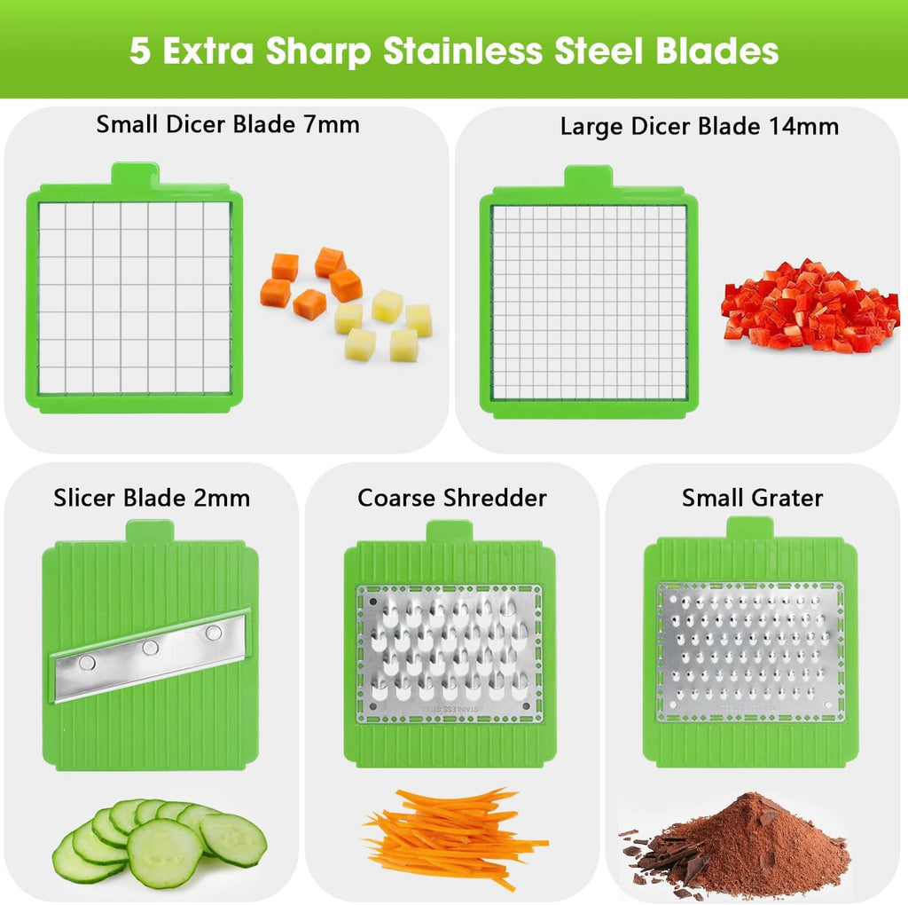 LHS Multifunctional Vegetable Chopper - 7 in 1 Veggie Slicer, Dicer, Cutter for Onions, Potatoes, Salad - Green Container Included